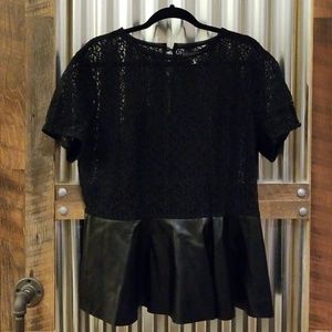 Black lace and faux leather peplum top XL